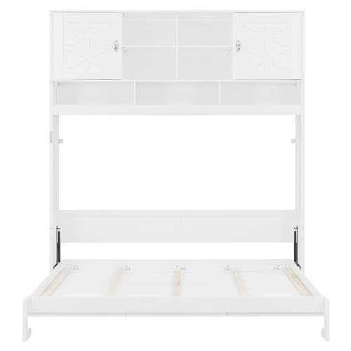 Merax Queen Size Murphy Bed with Top Cabinets and Shelves, Fold into The Wall, Space-Saving Design, Multifunctional Foldable Platform Bed Frame for Bedroom, Guest Room, Home Office, White Merax