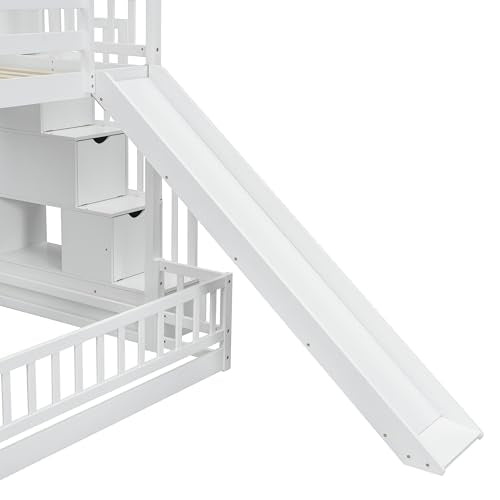 Twin Over Full Bunk Bed with Slide and Storage Staircase,Floor Bunk Beds,Kids Bunk Bed with Safety Guardrails,Low Bunk Bed for Girls Boys,White Bellemave