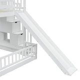 Twin Over Full Bunk Bed with Slide and Storage Staircase,Floor Bunk Beds,Kids Bunk Bed with Safety Guardrails,Low Bunk Bed for Girls Boys,White Bellemave
