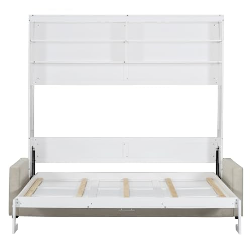 LZ LEISURE ZONE Queen Size Murphy Bed, Wooden Queen Murphy Bed with Sofa, Cushion and Shelves, White LZ LEISURE ZONE