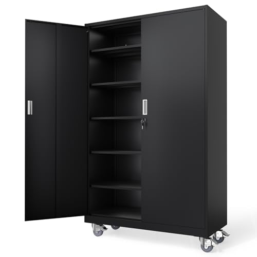 VINGLI Large Metal Storage Cabinet with 2 Doors and 5 Adjustable Shelves, Upgraded Height & Wide & Deep, 43''W x 20''D x 72''H, Oversized Garage Storage Cabinet with Wheels and Locks (Black) VINGLI