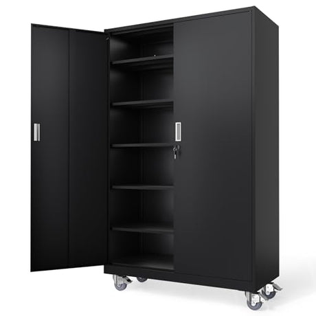 VINGLI Large Metal Storage Cabinet with 2 Doors and 5 Adjustable Shelves, Upgraded Height & Wide & Deep, 43''W x 20''D x 72''H, Oversized Garage Storage Cabinet with Wheels and Locks (Black) VINGLI