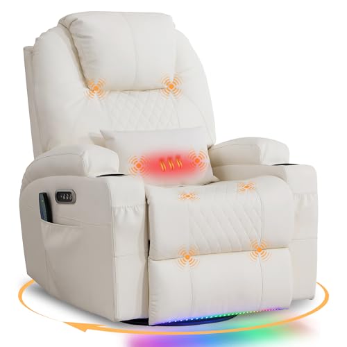 AHMED Rocking Recliner Nursery Chair, Dual Motor Power Swivel Glider Recliner with Heat & Massage, Nursery Recliner Chair with USB A/C Ports, Cup Holders & LED Light for Living Room & Bedroom, Beige
