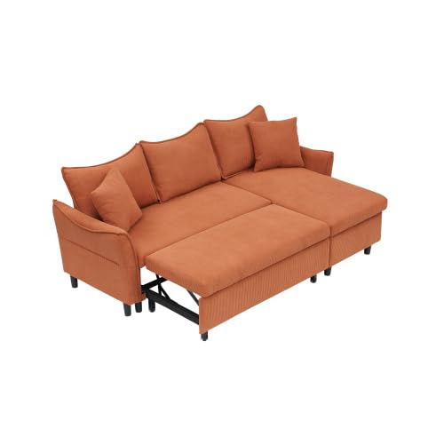 80'' Convertible Sectional Sofa Couch, 3 Seat L Shaped Sleeper Sofa Bed with Pillows and Storage Chaise, Pull Out Couch Bed Modern Corduroy Small Couches Futon for Living Room Apartment (Orange) anwickjeff