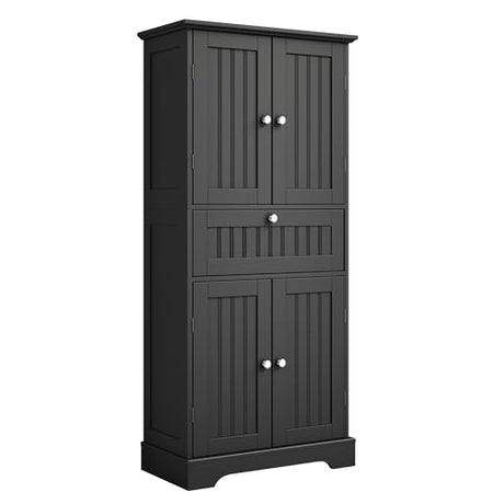 ChooChoo 51" H Tall Bathroom Floor Cabinet, Modern Bathroom Storage Cabinet with Drawer and Adjustable Shelves, Freestanding Kitchen Pantry Cupboard with 4 Doors for Living Room, Black ChooChoo