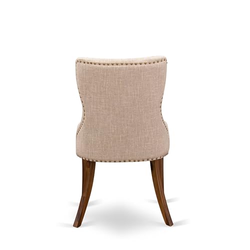 Luxe by East West Furniture NKSI9-AWA-04 9-Piece Dining Table Set Consists of a Dining Table and 8 Light Tan Linen Fabric Kitchen Chairs with Button Tufted Back - Antique Walnut Finish Luxe by East West Furniture