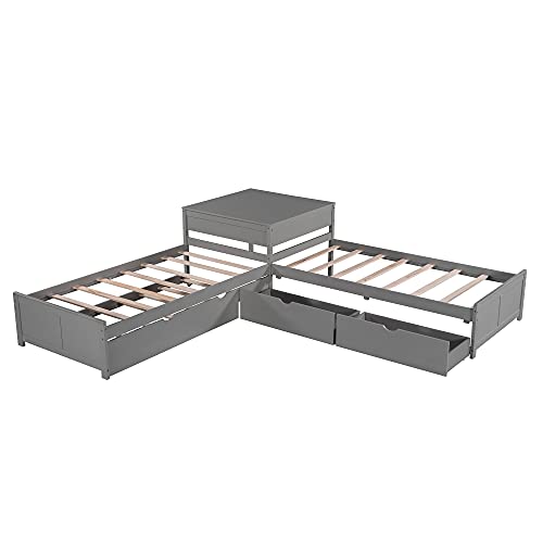 Merax L-Shaped Platform Bed with Trundle, Drawers and Built-in Desk, Wood Bed for Teens, L Shaped Twin Bed, Grey Merax