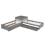 Merax L-Shaped Platform Bed with Trundle, Drawers and Built-in Desk, Wood Bed for Teens, L Shaped Twin Bed, Grey Merax