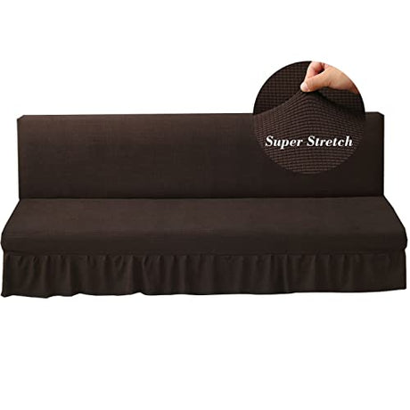 Stretch Armless Futon Cover with Skirt Knitted Jacquard Futon Sofa Bed Cover Machine Washable Futon Couch Cover Futon Sofa Cover Furniture Bed Protector with Elastic Bottom for Kids,Pets(Coffee) HFCNMY