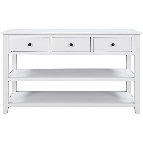 Mid-Century Console Table Modern Solid Wood Frame Sofa Table with 2 Tier Open Shelves and 3 Top Storage Drawers Entryway Table for Living Room Hallway Foyer, Easy Assembly Knocbel