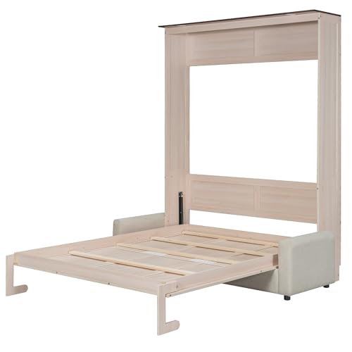 MERITLINE Queen Murphy Bed with Couch and 2 LED Lightings, Solid Wood Hideaway Murphy Wall Bed with Sofa, Farmhouse Foldable Wall Bedframe Storage Beds Cabinet, Space-Saving, Beige MERITLINE