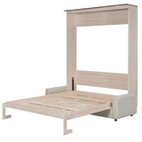 MERITLINE Queen Murphy Bed with Couch and 2 LED Lightings, Solid Wood Hideaway Murphy Wall Bed with Sofa, Farmhouse Foldable Wall Bedframe Storage Beds Cabinet, Space-Saving, Beige MERITLINE
