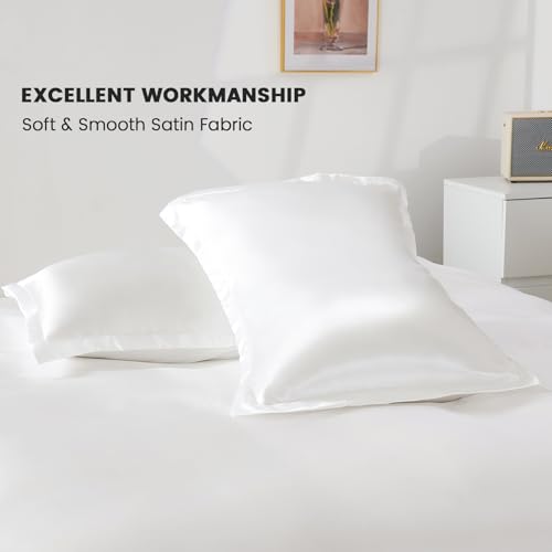 HOdo Home Satin Duvet Cover Queen Size, 3PCS Silk Like Comforter Cover, Ultra Soft and Breathable Bedding Set with Zipper Closure & Corner Ties（White） HOdo Home