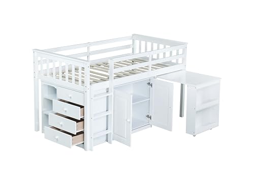 PVWIIK Twin Size Low Loft Bed with Storage Drawer & Desk for Kids,Wood Loft Bed w/Shelf,Space Saving,No Box Spring Needed,White PVWIIK