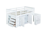 PVWIIK Twin Size Low Loft Bed with Storage Drawer & Desk for Kids,Wood Loft Bed w/Shelf,Space Saving,No Box Spring Needed,White PVWIIK