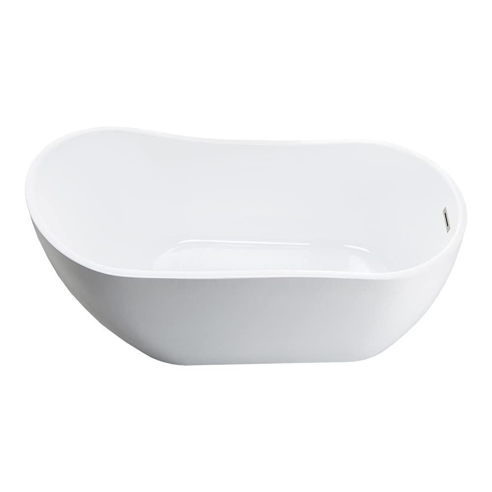 WOODBRIDGE 59" Acrylic Freestanding Bathtub Contemporary Soaking White Tub with Brushed Nickel Overflow and Drain，B1530-B/N-Drain&O WOODBRIDGE