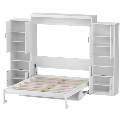 PVWIIK Queen Size Murphy Bed with Desk & Charging Station,Wall Bed Frame Folding into Cabinet Design w/Two Slide Storage Shelf for Small Space,Bedroom,Guest Room,White PVWIIK