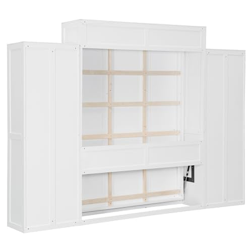 Flieks Full Size Murphy Bed, Wooden Full Wall Bed with Closet, Drawers and Desk, White Flieks