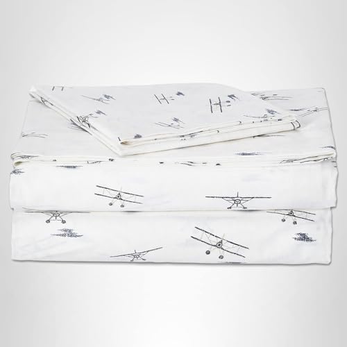 Eddie Bauer - Twin Bed Sheets, Cotton Percale Bedding Set with Matching Pillowcase, Crisp & Cool, Dorm Essentials (Sea Planes Blue) Eddie Bauer