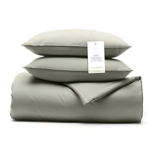 BOLL & BRANCH Signature Comforter Set - Full/Queen, Sageleaf - Duvet Insert and Cover in One Layer - Luxury Organic Cotton, Down Alternative, Hypoallergenic, All-Season - 1 Comforter and 2 Shams BOLL & BRANCH