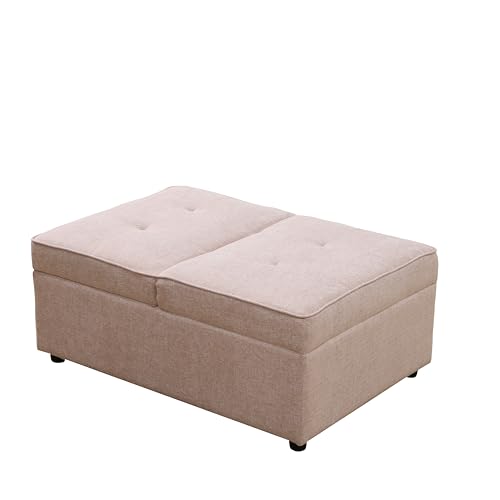 UOCFYK Convertible Ottoman Sofa with Storage, Modern Sackcloth Futon Couch with 2 Pillows Adjustable Backrest, Recliner Folding Loveseat for Living Room, Apartment Dorm, Office,Pink UOCFYK
