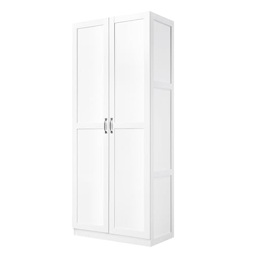 Manhtattan Comfort Hopkins Modern Freestanding Storage Closet with 7 Spacious Shelves and Soft Close Doors, Multipurpose Wardrobe Cabinet for Bedroom, 72" High, Large, White