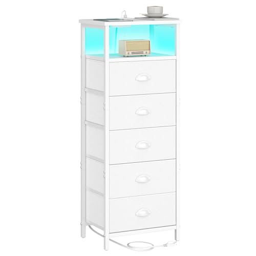 sthmec Nightstand with Charging Station,LED White Nightstands with 5 Fabric Drawers PU Finish, Bedside End Tables, 2-Tier Open Storage Shelf Side Table Nightstand with Drawers for Bedroom,White sthmec