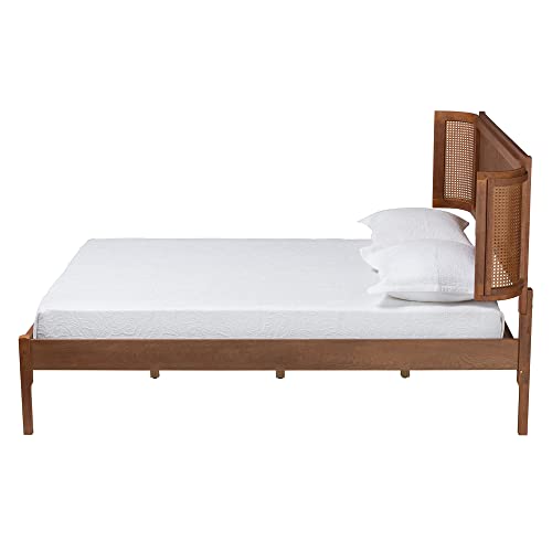 Baxton Studio Eridian Mid-Century Queen Platform Bed in Walnut Brown with Natural Rattan - WoodArtSupply