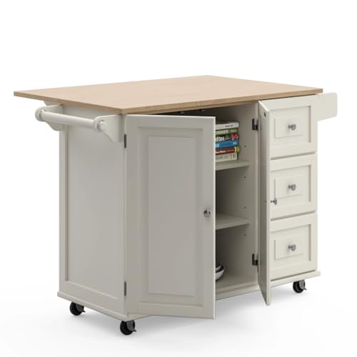 Homestyles Mobile Kitchen Island Cart with Wood Drop Leaf Breakfast Bar, Off White,Soft White, 54 Inch Width