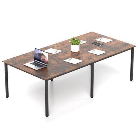 Nightcore Rectangle Conference Table for 10, 8 ft Large Seminar Table with 2 Cable Grommets, Modern Industrial Office Computer Desk with Metal Legs for Boardroom, Meeting Room, Brown Goplus