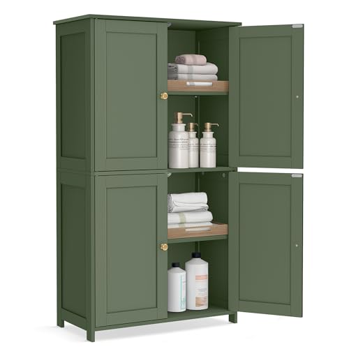 VASAGLE Floor Storage Cabinet, Shaker Cabinet with 2 Adjustable Shelves, 4 Doors, Tall Freestanding Organizer Unit, for Kitchen Bathroom Living Room, Forest Green UBBC553CH01S VASAGLE