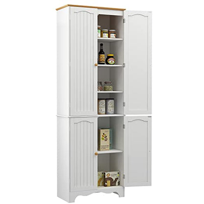 Yusong 72'' Tall Kitchen Pantry Cabinet, Freestanding Storage Cabinet with Doors and Shelves, Wooden Food Pantry Farmhouse Cupboard Buffet for Kitchen Dining Living Room, White Honey - WoodArtSupply