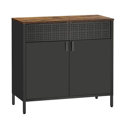 HAND IN HAND Buffet Sideboard Cabinet, Accent Cabinet with Adjustable Shelves, Sideboard Cabinet with Steel Frame, for Living Room, Dining Room, Entryway, Rustic Brown and Black