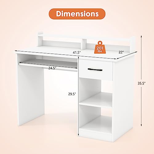 IFANNY Computer Desk with Drawers, Study Table with Storage Shelves, Keyboard Tray, Power Outlet, Wood Makeup Vanity Table, Small Desk for Bedroom, Study, Living Room, Home Office (White, 35.5''H) IFANNY