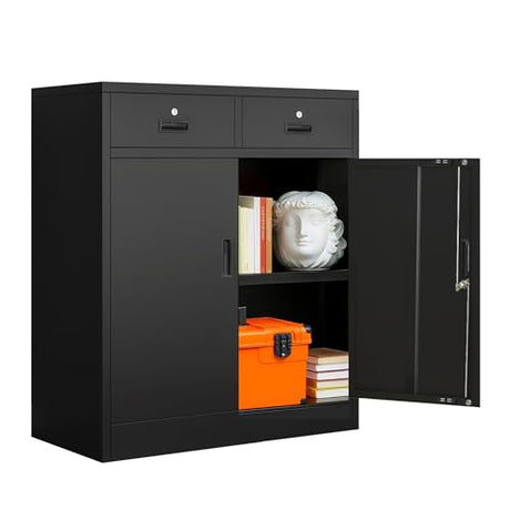 BESFUR Metal Storage Cabinet, Garage Storage Cabinet with 2 Drawers and Adjustable Shelf, Locking Short Storage Cabinet for Office Garage Home, Black Metal Cabinets(36" H x 31.5" W x 16" D) BESFUR