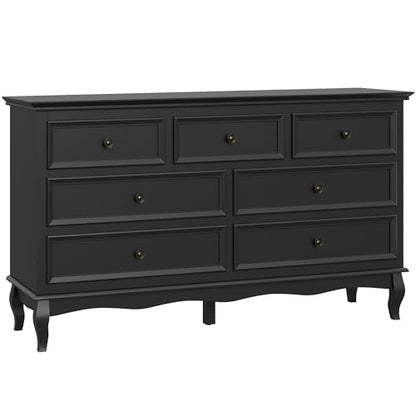 May in Color 7 Drawers Dresser for Bedroom, Modern Dresser with Distinctive Wooden Legs & Black Paint Finish, Black Drawer Dresser with Spacious Storage Space for Bedroom, Living Room, Hallway