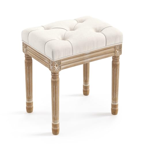 LUE BONA Upholstered Fabric Vanity Bench Seat, Makeup Stools for Vanity, Square Tufted Ottoman Bench with Carved Wood Color Legs for Bedroom Living Room, Beige