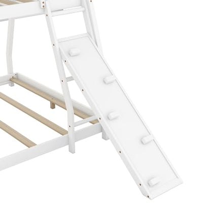 Merax Twin over Queen Solid Wood Bunk Bed with Climbing Ramp and Nets in White - WoodArtSupply