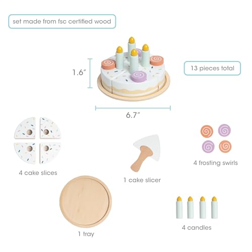 Pearhead Celebration Montessori Birthday Cake Toy Set, Wooden Play Toys for Developmental Learning, Play Kitchen Sets for Toddlers Ages 3+ Years, Pretend Play Food Sets, 14 Piece Wooden Play Toy Set Pearhead