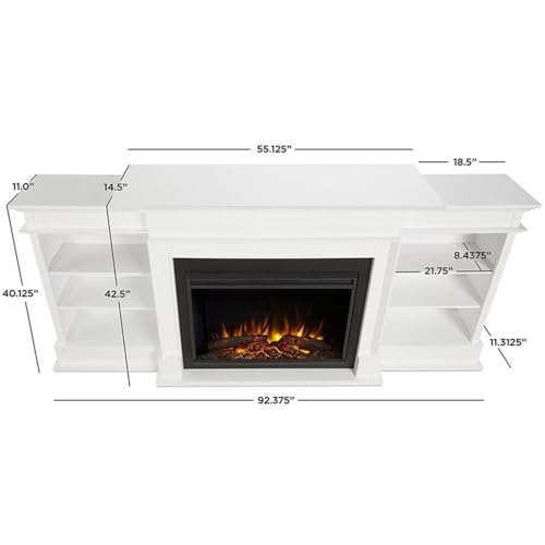 BOWERY HILL 92" W Modern Wood Electric Fireplace TV Stand with Mantel & Remote Control, 6-Feet Power Cord and Hardware, 5 Flame Brightness Levels, for TVs up to 85", in White & Black Finish