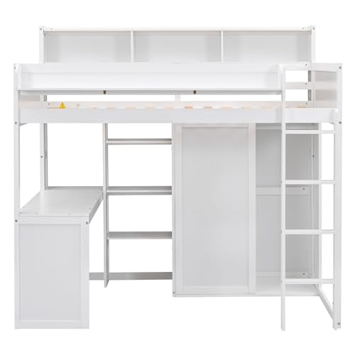 Twin Size Loft Bed with Wardrobe, Desk, and Storage by Harper & Bright Designs in White Finish - WoodArtSupply