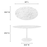 Modway Lippa 60" Oval-Shaped Mid-Century Modern Dining Table with Artificial Marble Top and White Base Modway