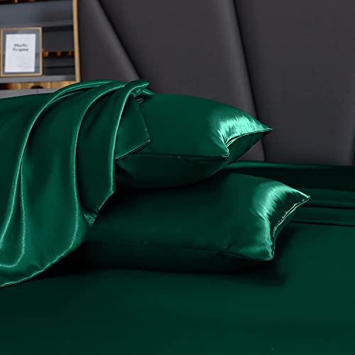 Homiest 7pcs Satin California King Size Bed Set, Blackish Green Luxury Satin Bedding, 1 Deep Pocket Fitted Sheet, 1 Flat Sheet, 4 Pillowcases, 1 Body Pillowcase Homiest