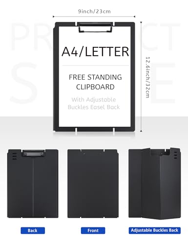 GAUENEEN Free Standing Clipboard and Desktop Stand with Adjustable Buckles Easel Back - Foldable Stand and Document Holder for School, Office and Business Use (9.37 x 12.6 inches) (Black) GAUENEEN