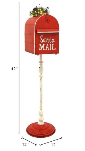 42" Tall Metal Standing Santa's Mail Christmas Mailbox with Light-up LED Wreath (Red Top)