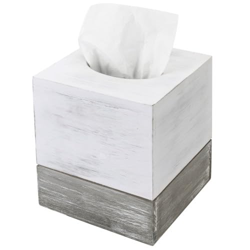 MyGift Vintage White and Distressed Gray Wood Square Bathroom Tissue Box Dispenser Holder Cover with Slide-Out Bottom Panel, 5.5 x 5.5 x 6.3 Inches