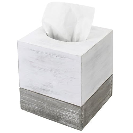 MyGift Vintage White and Distressed Gray Wood Square Bathroom Tissue Box Dispenser Holder Cover with Slide-Out Bottom Panel, 5.5 x 5.5 x 6.3 Inches MyGift