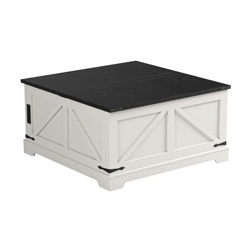 FiveWillowise Farmhouse Lift Top Coffee Table with Large Hidden Storage Compartment, 31.5" W Wood Square Center Table with Charging Station, Rustic Cocktail Table for Living Room, Home Office, White FiveWillowise