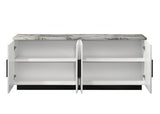 Lilola Home Matilda 63-inch White Cabinet Console Table with Faux Marble Top – Modern 4-Door Storage Design with Adjustable Shelves and Black Contrasting Base for Living Room or Entryway LILOLA LIVING