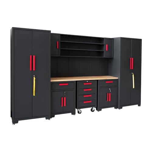 HPDMC Garage Storage Cabinet System 9-Pcs Workshop Set Garage Cabinets and Storage System with Steel Cabinet Drawers, Rolling Chest, Workbench, Pegboard for Garage Tool Organization, Black and Red HPDMC